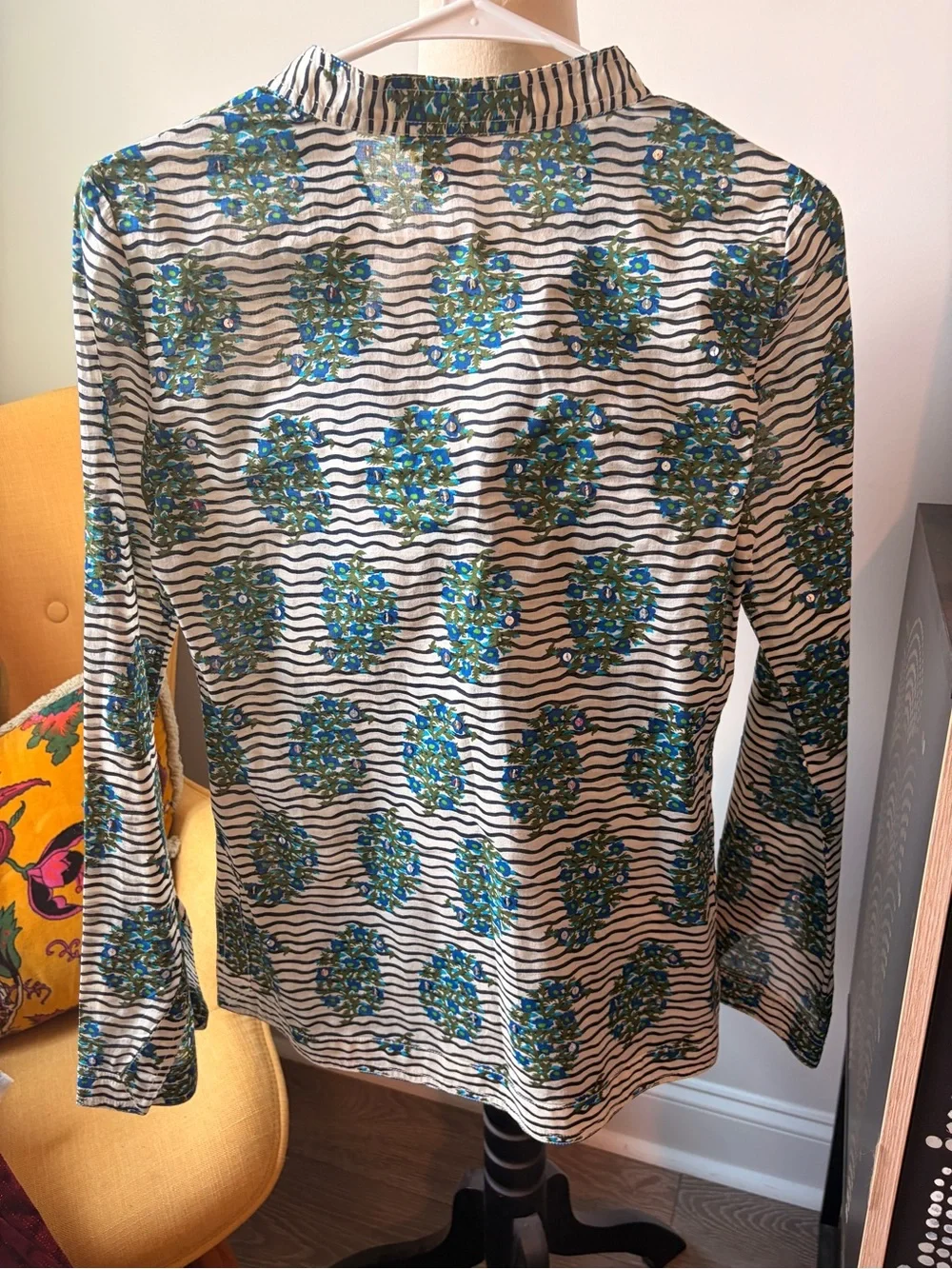Tory Burch Orange Logo Tag on Blue & Green Floral Stripe Top